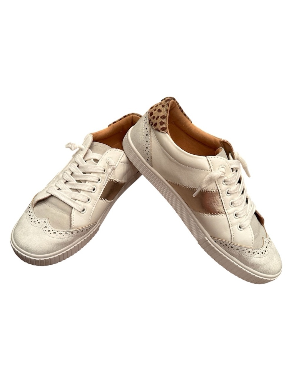 Yellow Box White Slip-On Sneakers Gold Stripes Animal Print Accent Sz 7.5